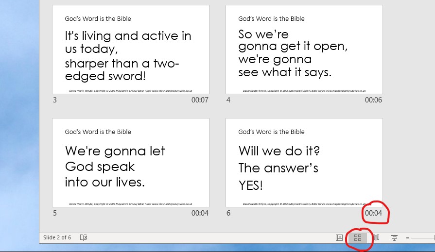 image of powerpoint app showing the slide sorter display and the slide timings
